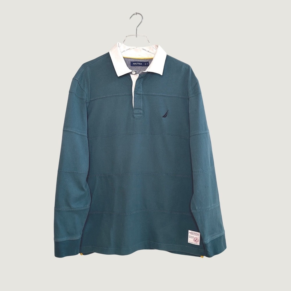 Nautica Sailing Mens XL Y2K Long Sleeve Rugby Shirt Cotton Polo Teal Fall Winter